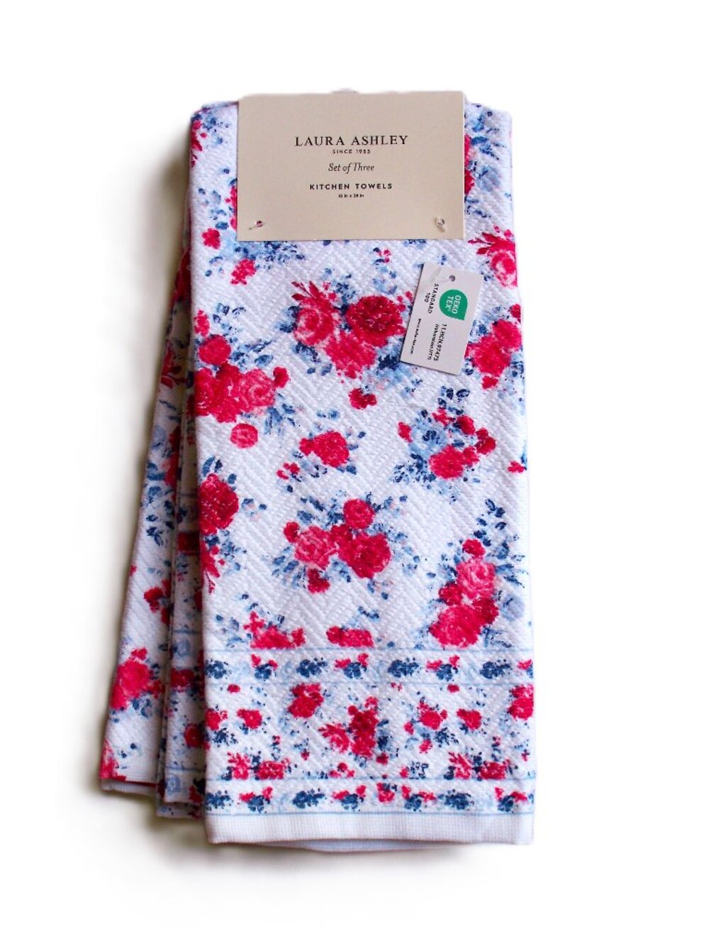 Laura Ashley "Gracie Border" 3 Pc. Kitchen Towel Set Floral Red White Blue NWT
